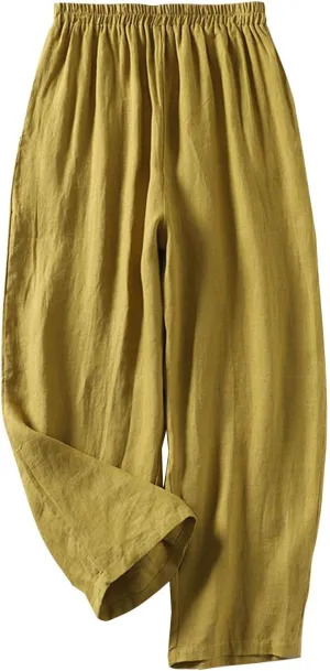 Womens Casual Cotton Linen Pants Pants Long Drawstring Linen Women Waist Loose Comfy Straight Leg Pants with Pockets