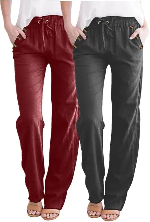Womens Casual Cotton Linen Pants Summer Relaxed Fit Elastic Waist Plus Size Solid Lounge Long Trousers with Pockets