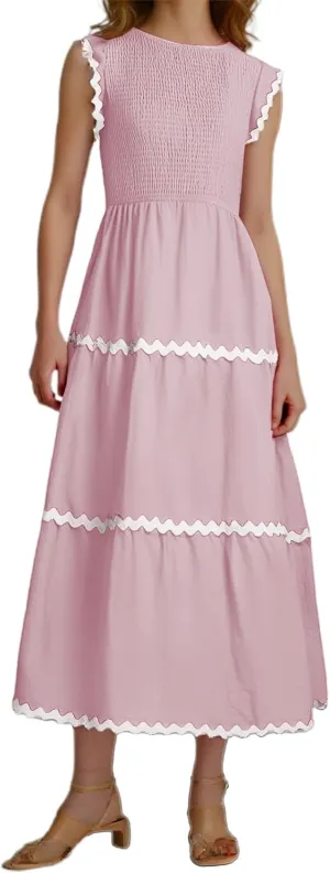 Women's Casual Dress Summer Flutter Short Sleeve Smocked Maxi Dresses Elegant High Waist Flowy Tiered Sundress