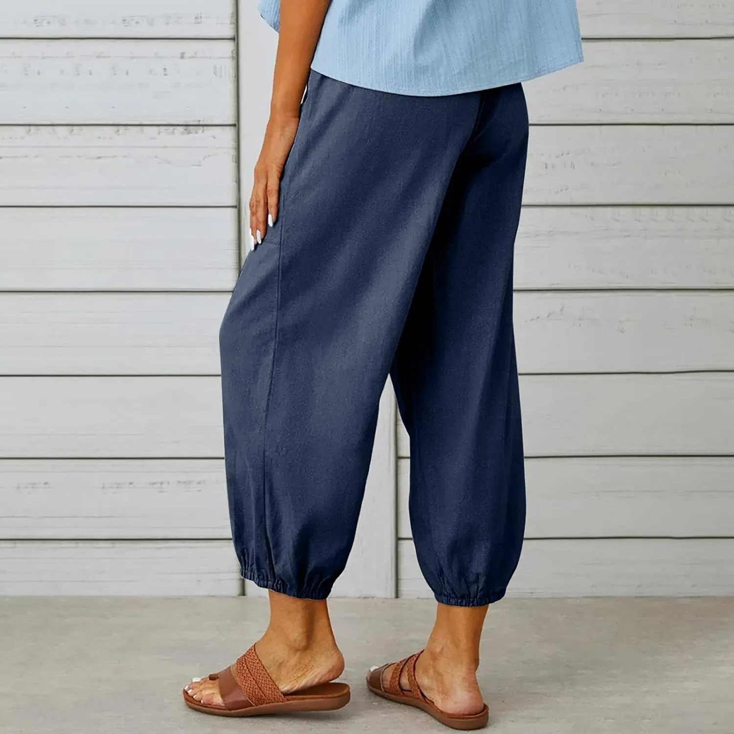 Women's Casual Lantern Tapered Harem Linen Pants Loose Fit Style Flax Ankle Trousers Summer Baggy Slacks with