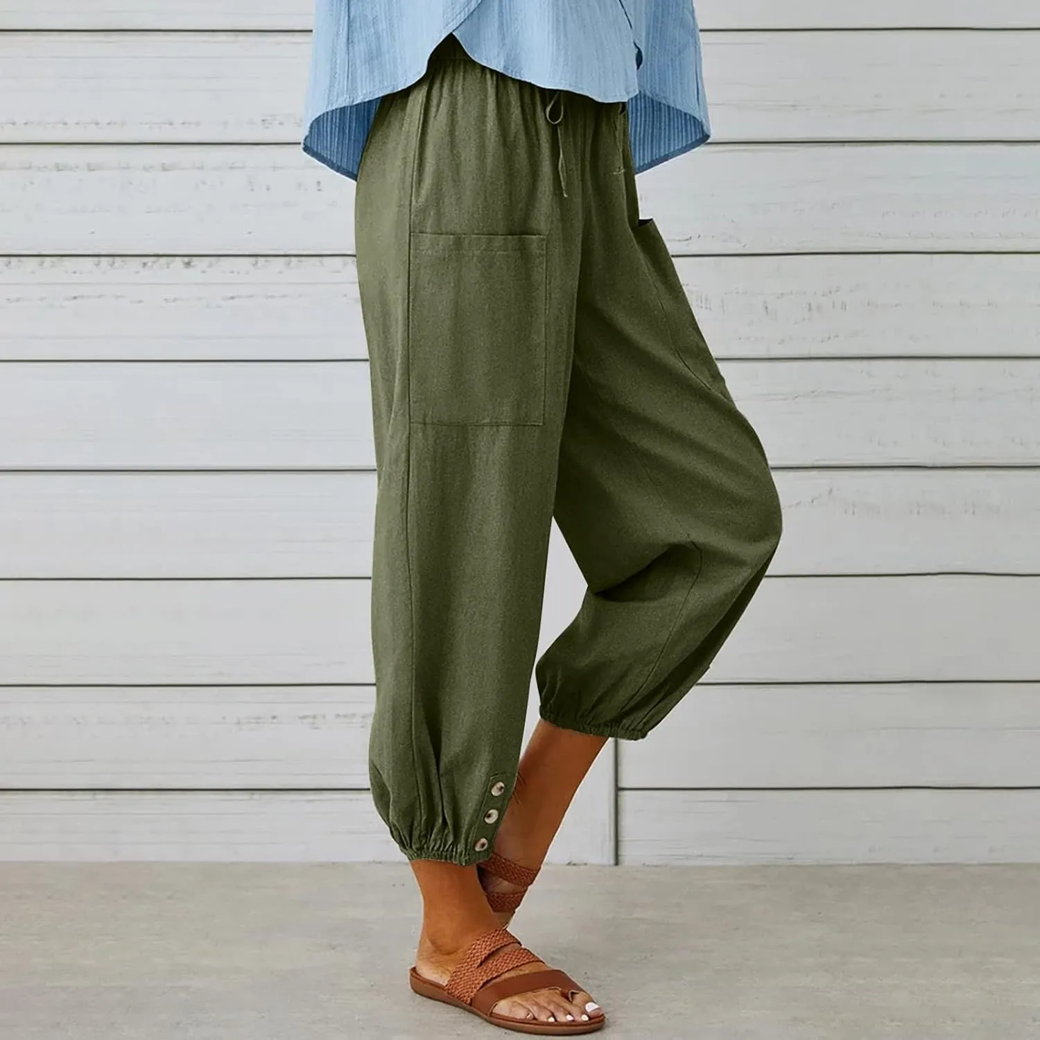 Women's Casual Lantern Tapered Harem Linen Pants Loose Fit Style Flax Ankle Trousers Summer Baggy Slacks with