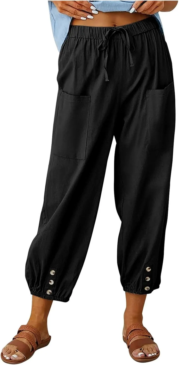 Women's Casual Lantern Tapered Harem Linen Pants Loose Fit Style Flax Ankle Trousers Summer Baggy Slacks with