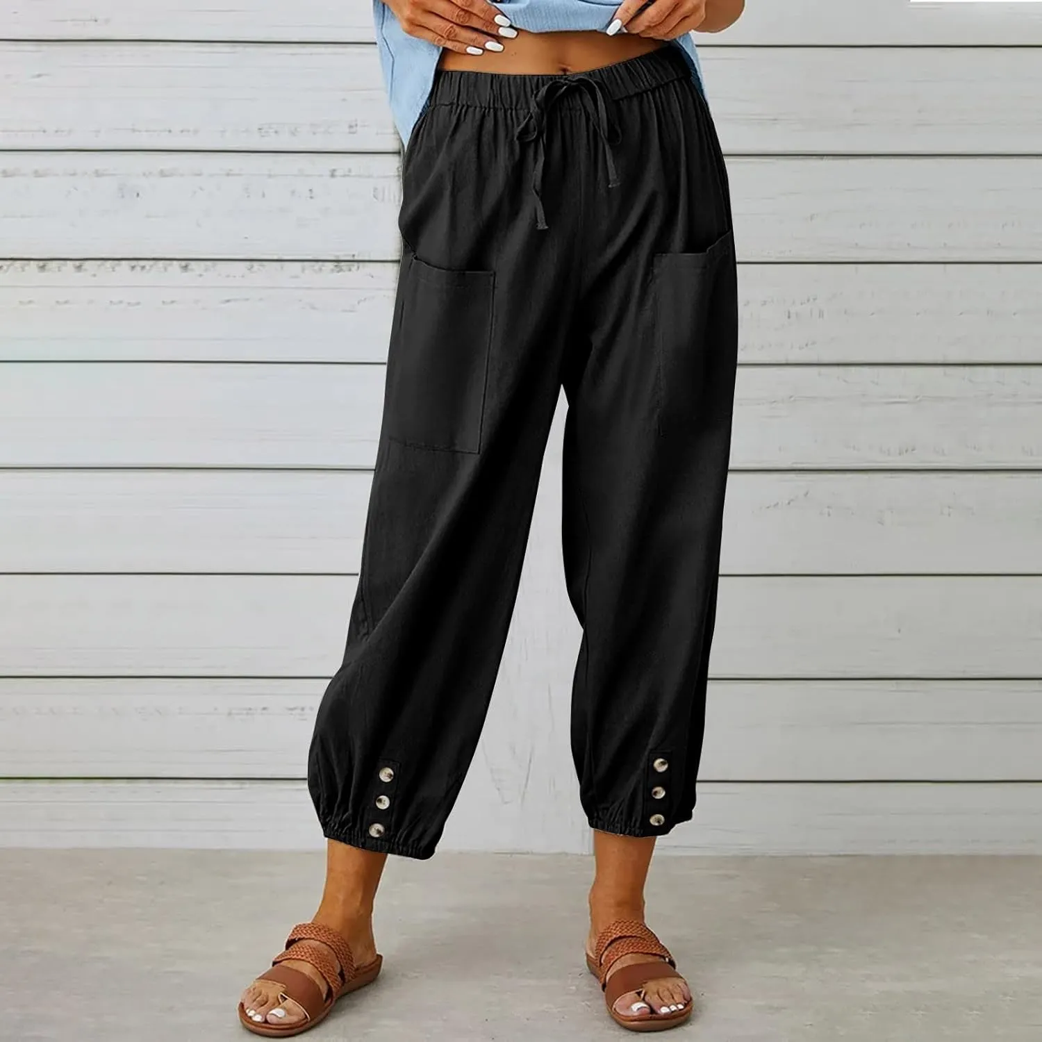 Women's Casual Lantern Tapered Harem Linen Pants Loose Fit Style Flax Ankle Trousers Summer Baggy Slacks with