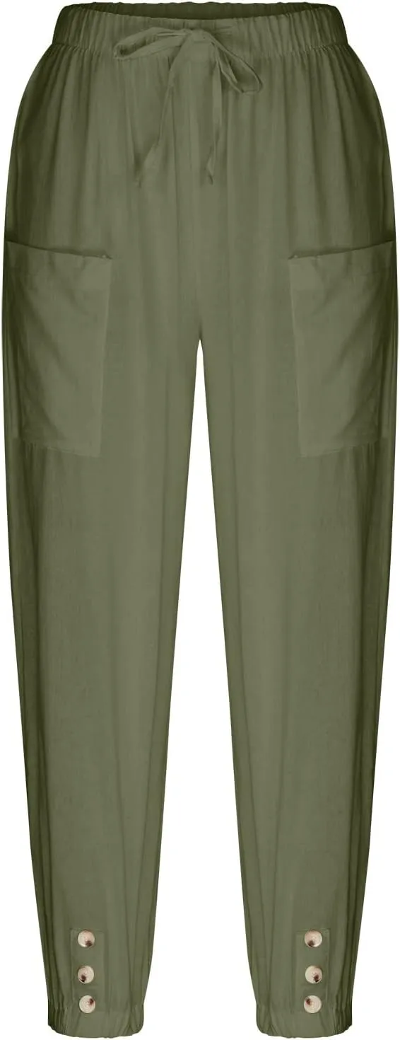 Women's Casual Lantern Tapered Harem Linen Pants Loose Fit Style Flax Ankle Trousers Summer Baggy Slacks with