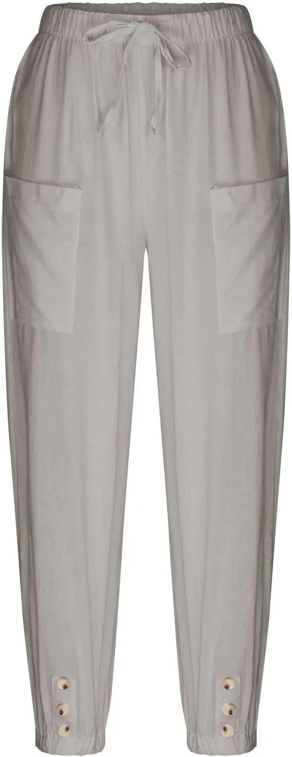 Women's Casual Lantern Tapered Harem Linen Pants Loose Fit Style Flax Ankle Trousers Summer Baggy Slacks with