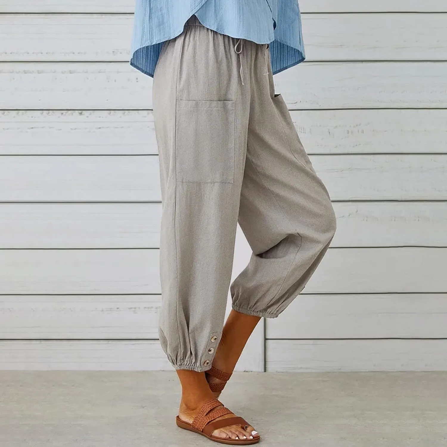 Women's Casual Lantern Tapered Harem Linen Pants Loose Fit Style Flax Ankle Trousers Summer Baggy Slacks with