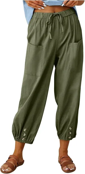 Women's Casual Lantern Tapered Harem Linen Pants Loose Fit Style Flax Ankle Trousers Summer Baggy Slacks with