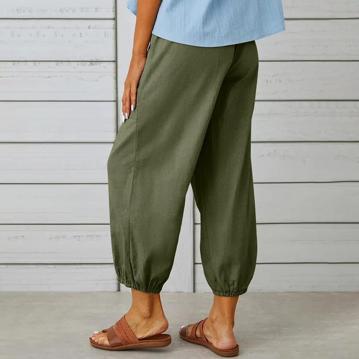 Women's Casual Lantern Tapered Harem Linen Pants Loose Fit Style Flax Ankle Trousers Summer Baggy Slacks with