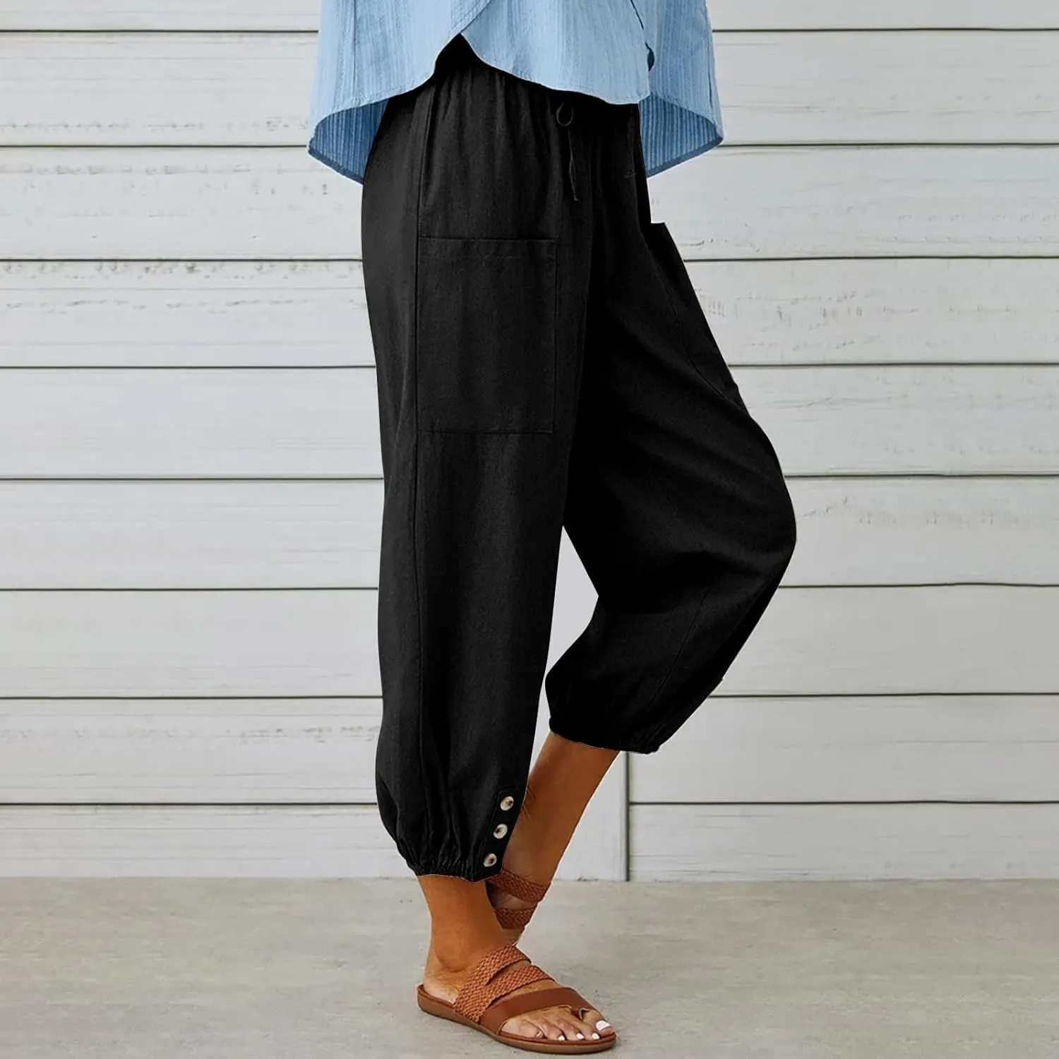 Women's Casual Lantern Tapered Harem Linen Pants Loose Fit Style Flax Ankle Trousers Summer Baggy Slacks with