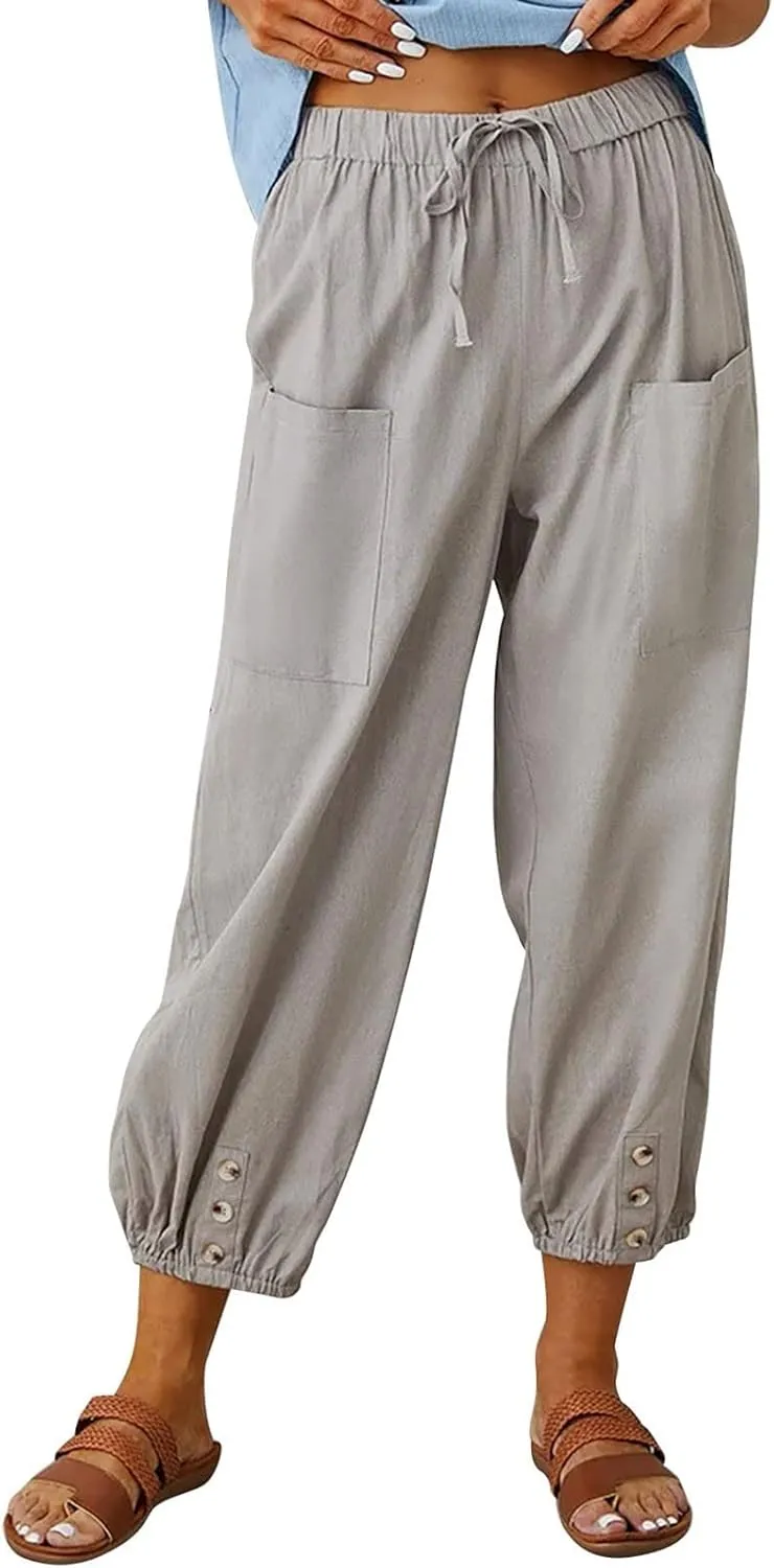 Women's Casual Lantern Tapered Harem Linen Pants Loose Fit Style Flax Ankle Trousers Summer Baggy Slacks with