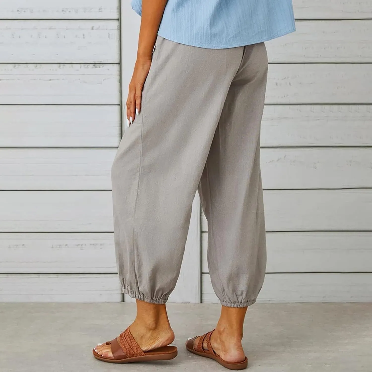 Women's Casual Lantern Tapered Harem Linen Pants Loose Fit Style Flax Ankle Trousers Summer Baggy Slacks with