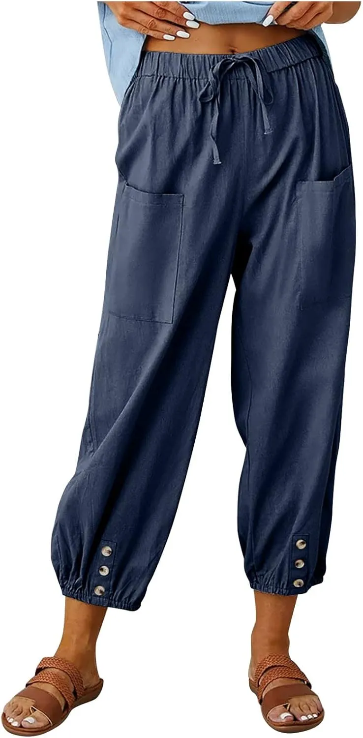 Women's Casual Lantern Tapered Harem Linen Pants Loose Fit Style Flax Ankle Trousers Summer Baggy Slacks with