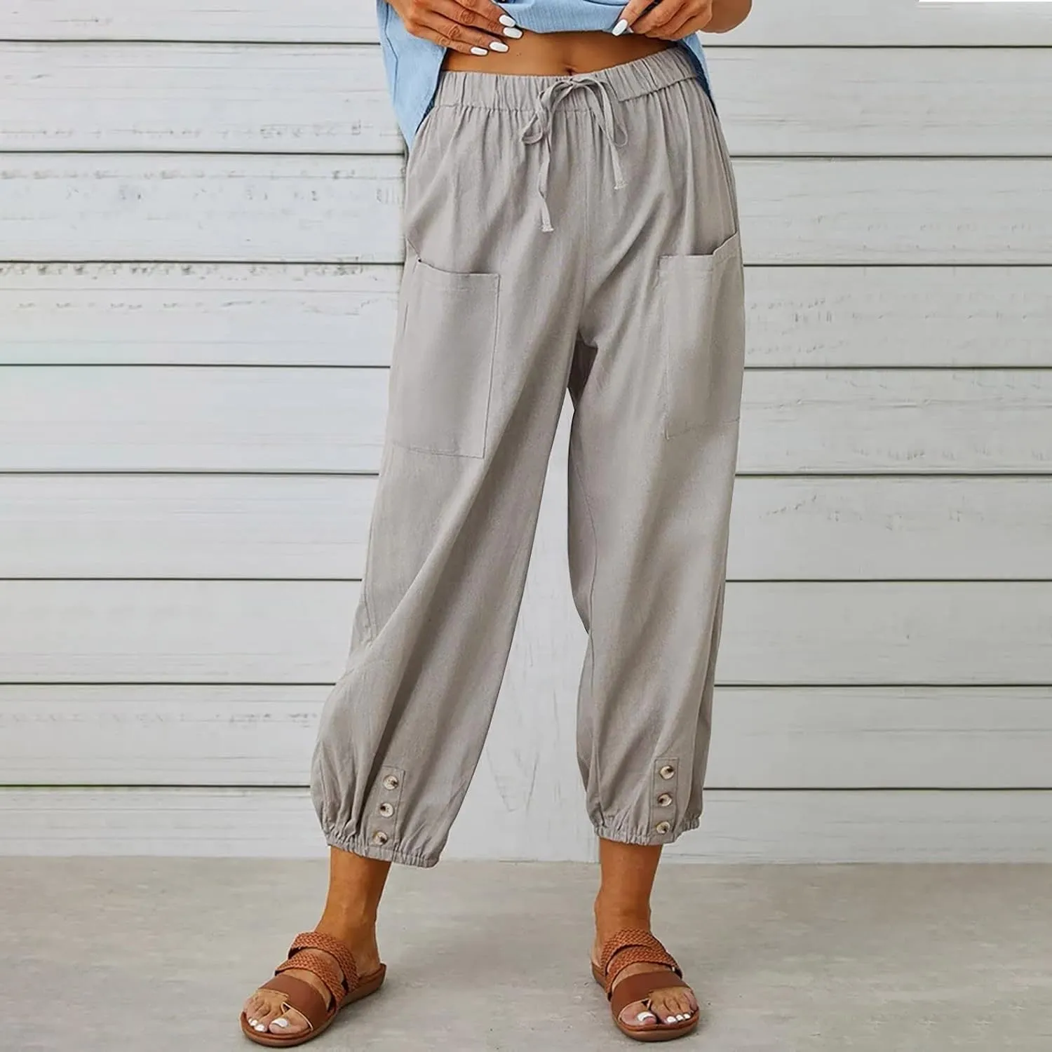 Women's Casual Lantern Tapered Harem Linen Pants Loose Fit Style Flax Ankle Trousers Summer Baggy Slacks with