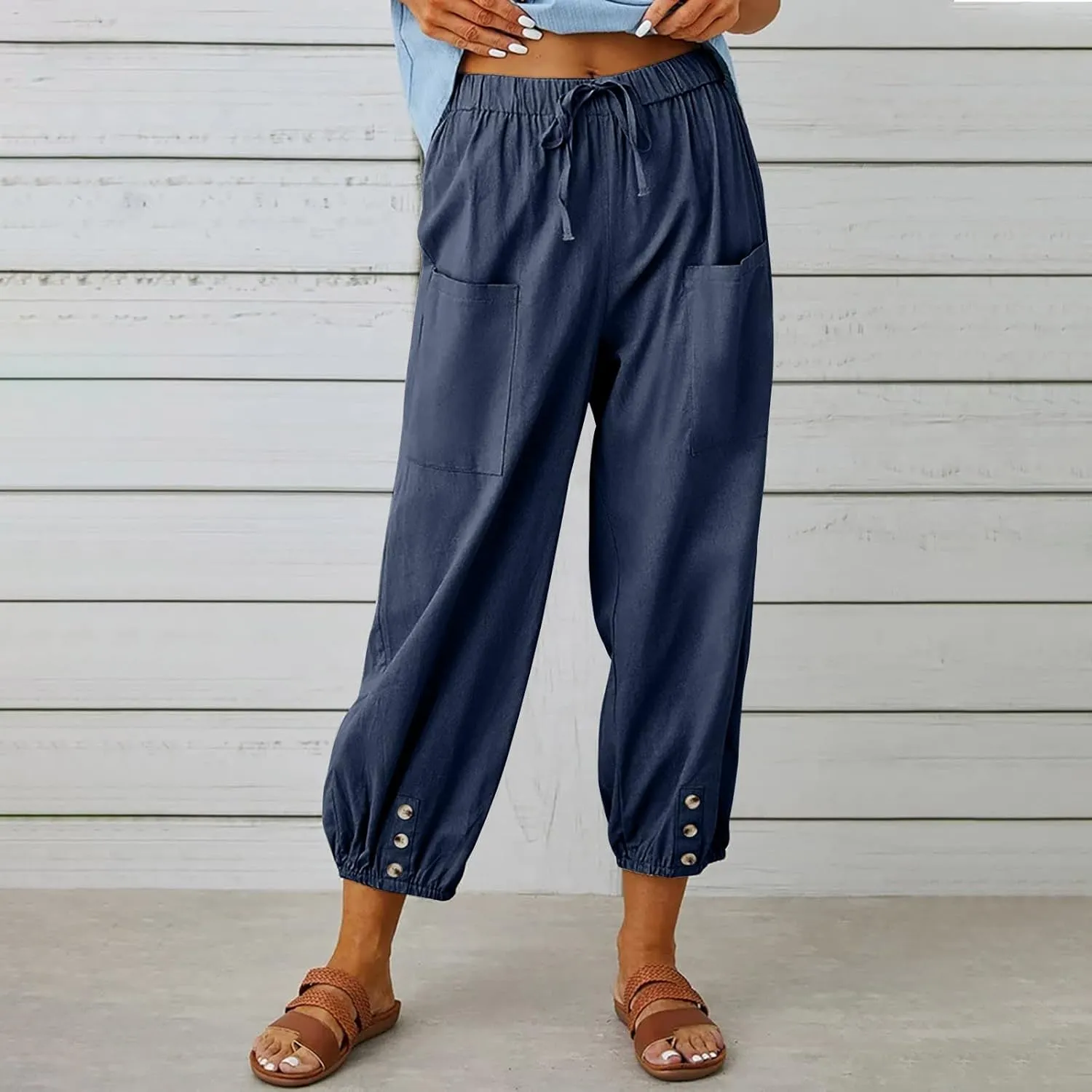Women's Casual Lantern Tapered Harem Linen Pants Loose Fit Style Flax Ankle Trousers Summer Baggy Slacks with