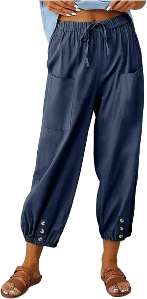 Women's Casual Lantern Tapered Harem Linen Pants Loose Fit Style Flax Ankle Trousers Summer Baggy Slacks with