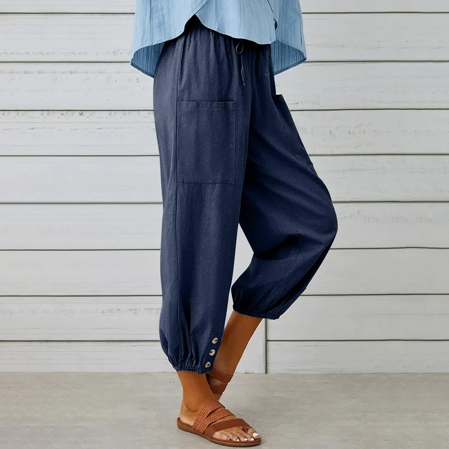 Women's Casual Lantern Tapered Harem Linen Pants Loose Fit Style Flax Ankle Trousers Summer Baggy Slacks with