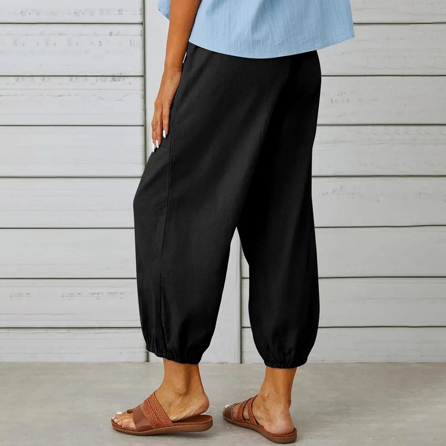 Women's Casual Lantern Tapered Harem Linen Pants Loose Fit Style Flax Ankle Trousers Summer Baggy Slacks with