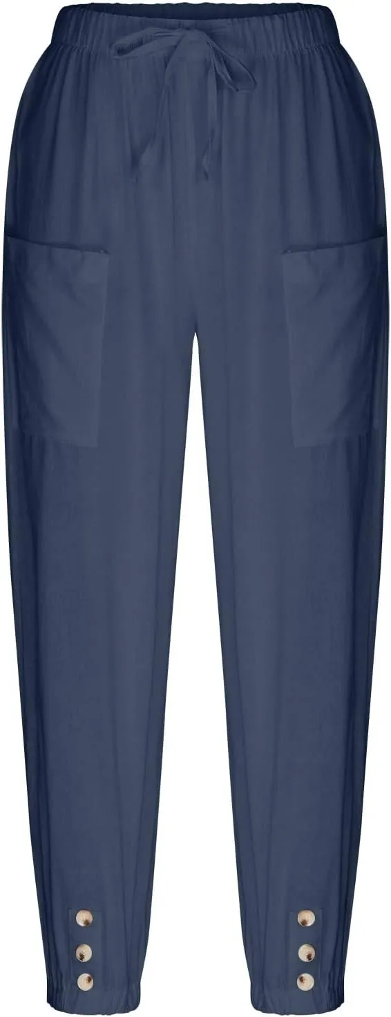 Women's Casual Lantern Tapered Harem Linen Pants Loose Fit Style Flax Ankle Trousers Summer Baggy Slacks with