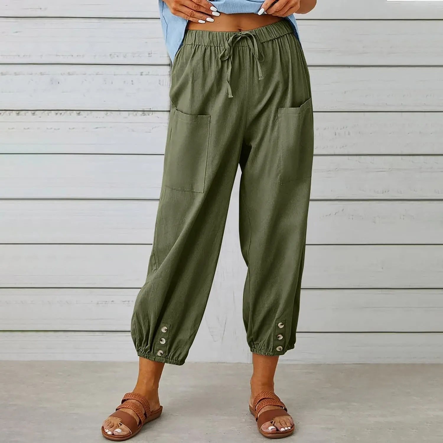 Women's Casual Lantern Tapered Harem Linen Pants Loose Fit Style Flax Ankle Trousers Summer Baggy Slacks with
