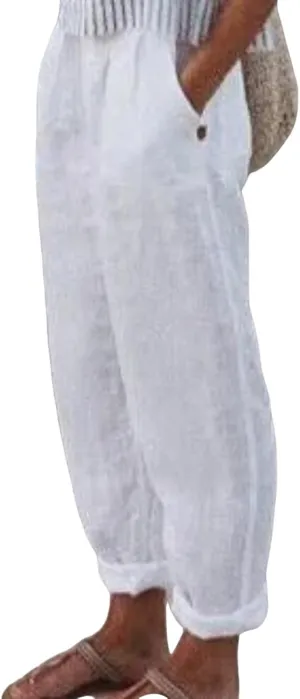 Women's Casual Pants Cotton Linen Elastic Waist Solid Summer Trendy Pants Straight Leg Baggy Trousers with Pockets