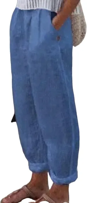 Women's Casual Pants Cotton Linen Elastic Waist Solid Summer Trendy Pants Straight Leg Baggy Trousers with Pockets