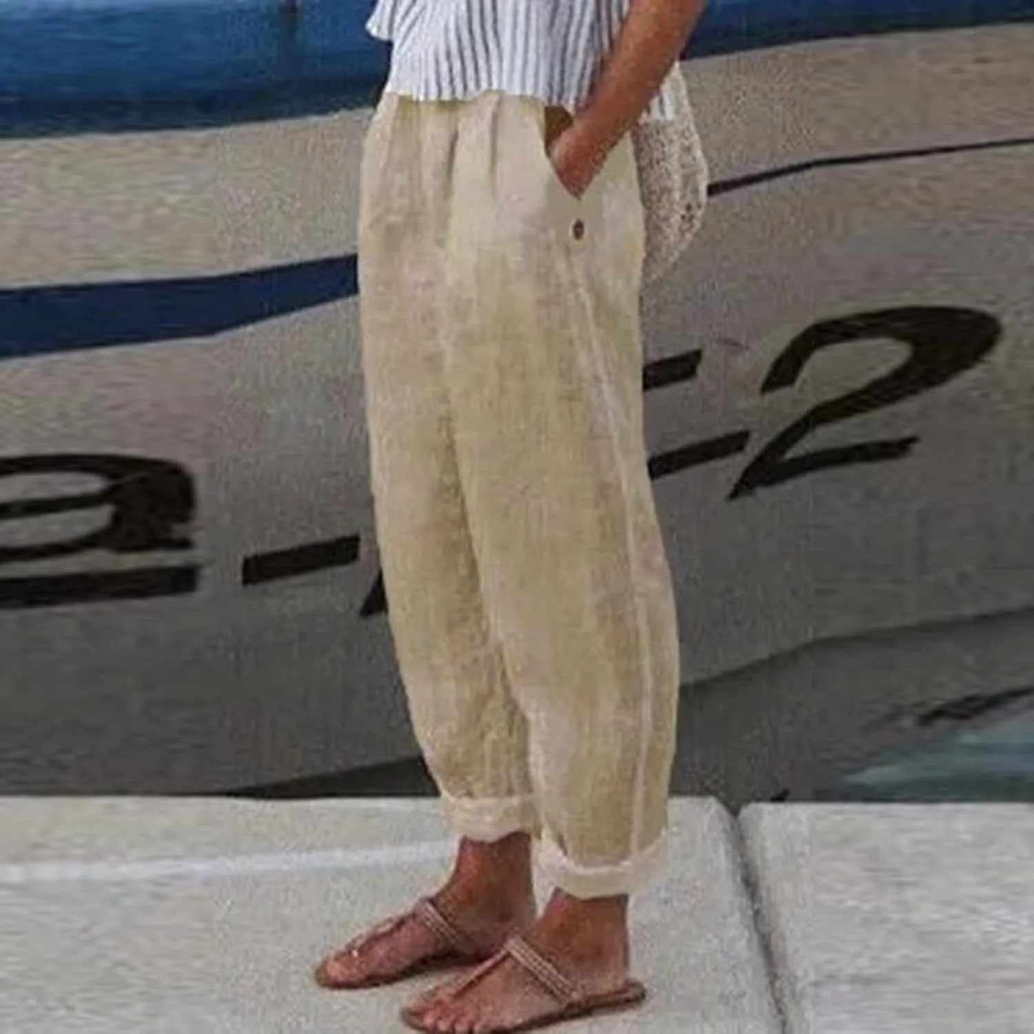 Women's Casual Pants Cotton Linen Elastic Waist Solid Summer Trendy Pants Straight Leg Baggy Trousers with Pockets
