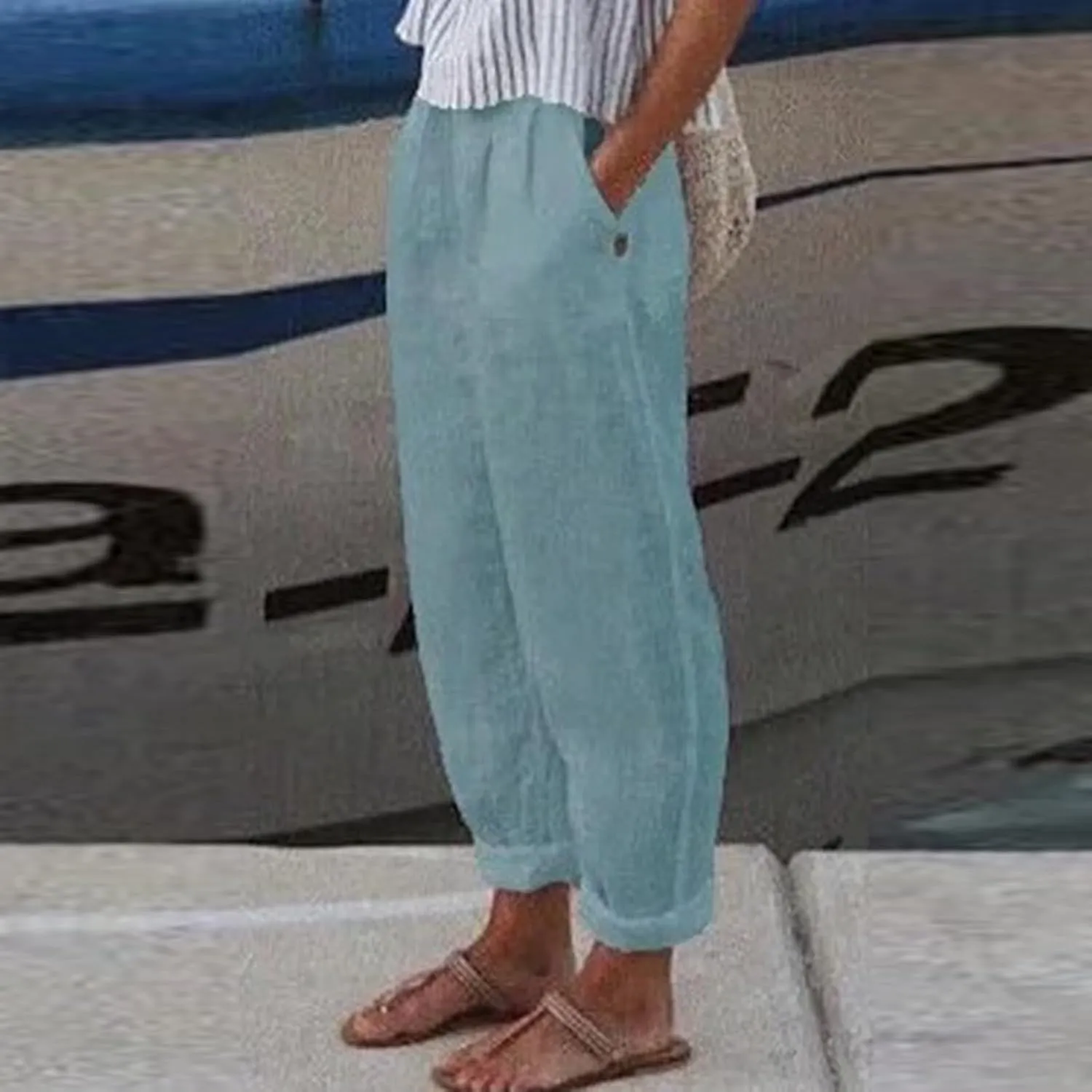 Women's Casual Pants Cotton Linen Elastic Waist Solid Summer Trendy Pants Straight Leg Baggy Trousers with Pockets