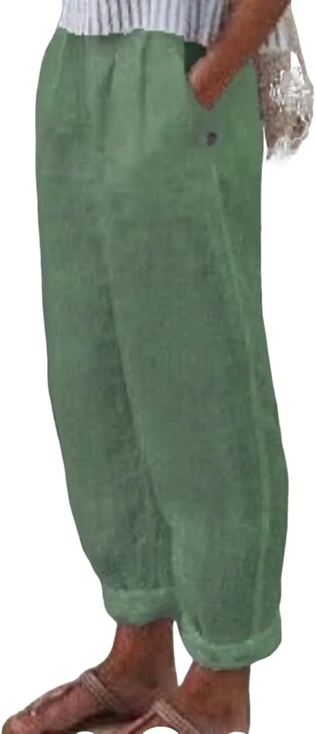Women's Casual Pants Cotton Linen Elastic Waist Solid Summer Trendy Pants Straight Leg Baggy Trousers with Pockets