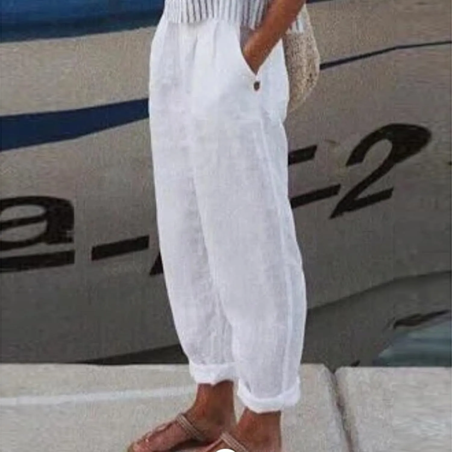 Women's Casual Pants Cotton Linen Elastic Waist Solid Summer Trendy Pants Straight Leg Baggy Trousers with Pockets
