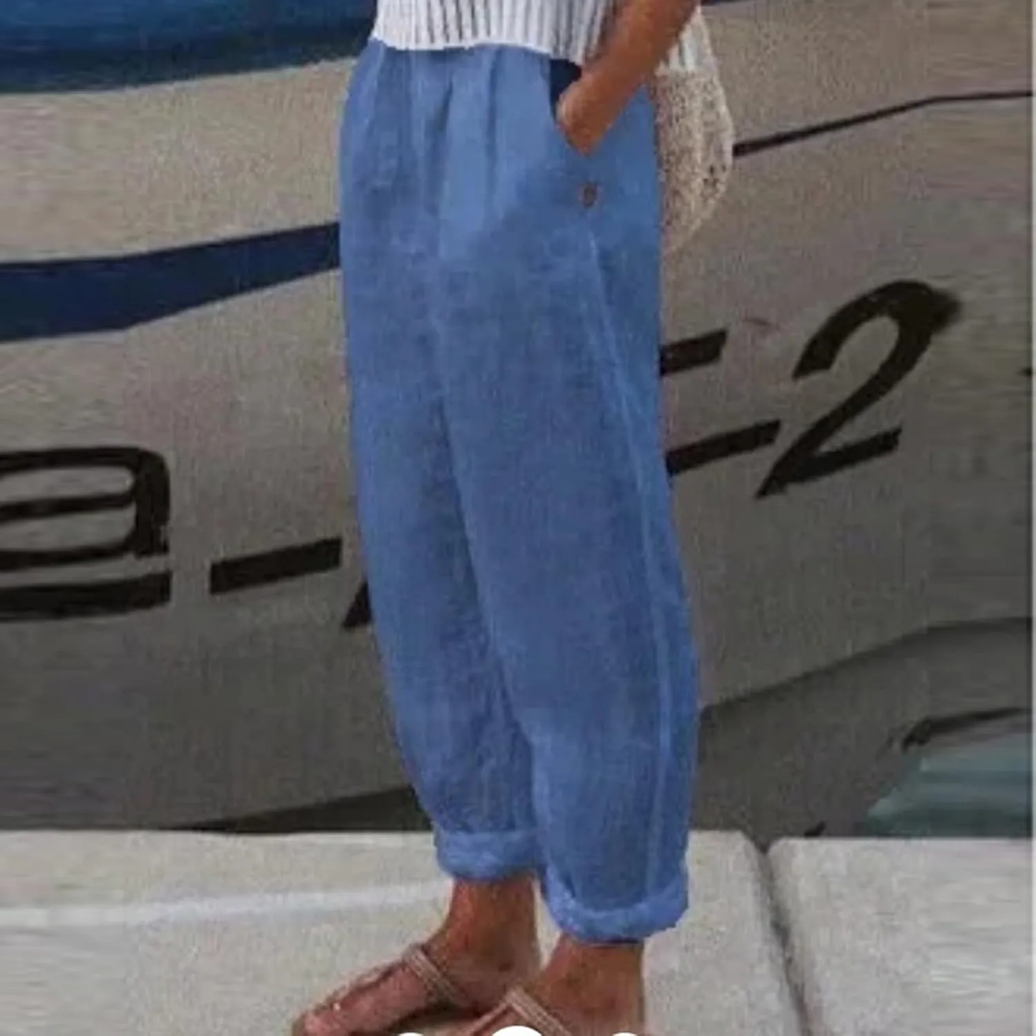 Women's Casual Pants Cotton Linen Elastic Waist Solid Summer Trendy Pants Straight Leg Baggy Trousers with Pockets