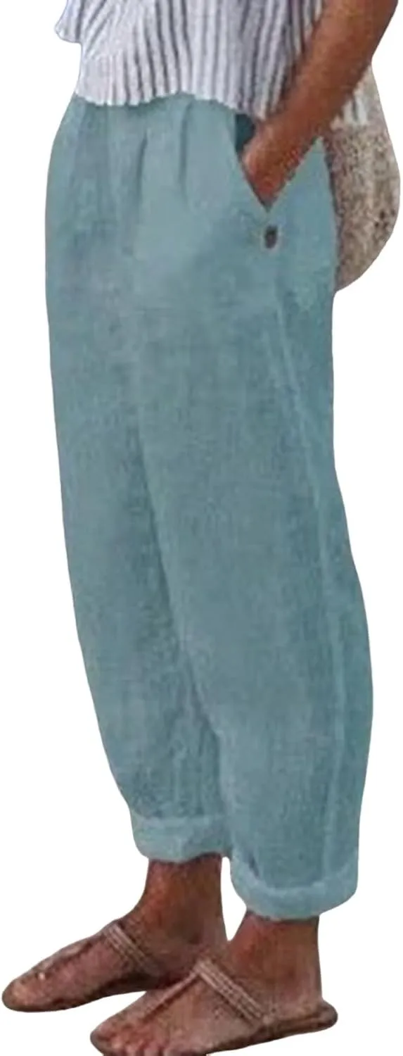 Women's Casual Pants Cotton Linen Elastic Waist Solid Summer Trendy Pants Straight Leg Baggy Trousers with Pockets