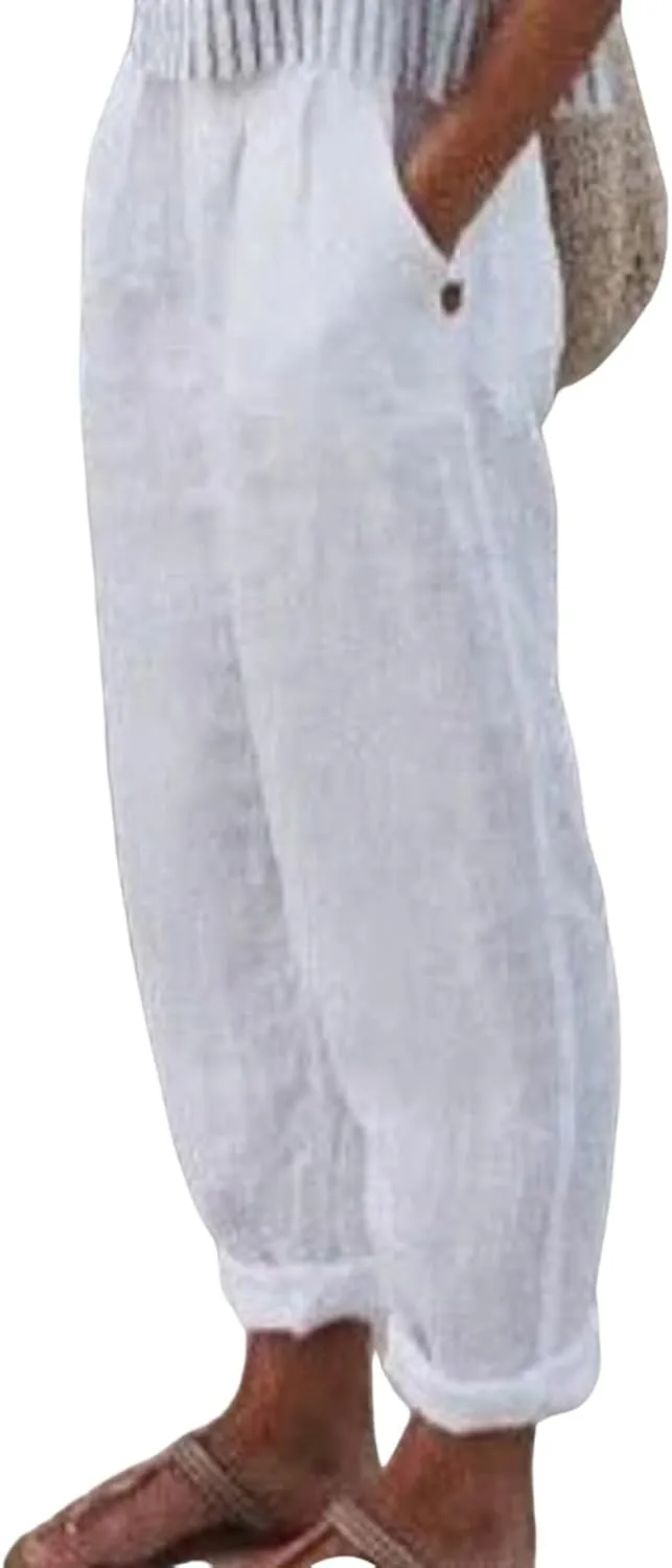 Women's Casual Pants Cotton Linen Elastic Waist Solid Summer Trendy Pants Straight Leg Baggy Trousers with Pockets