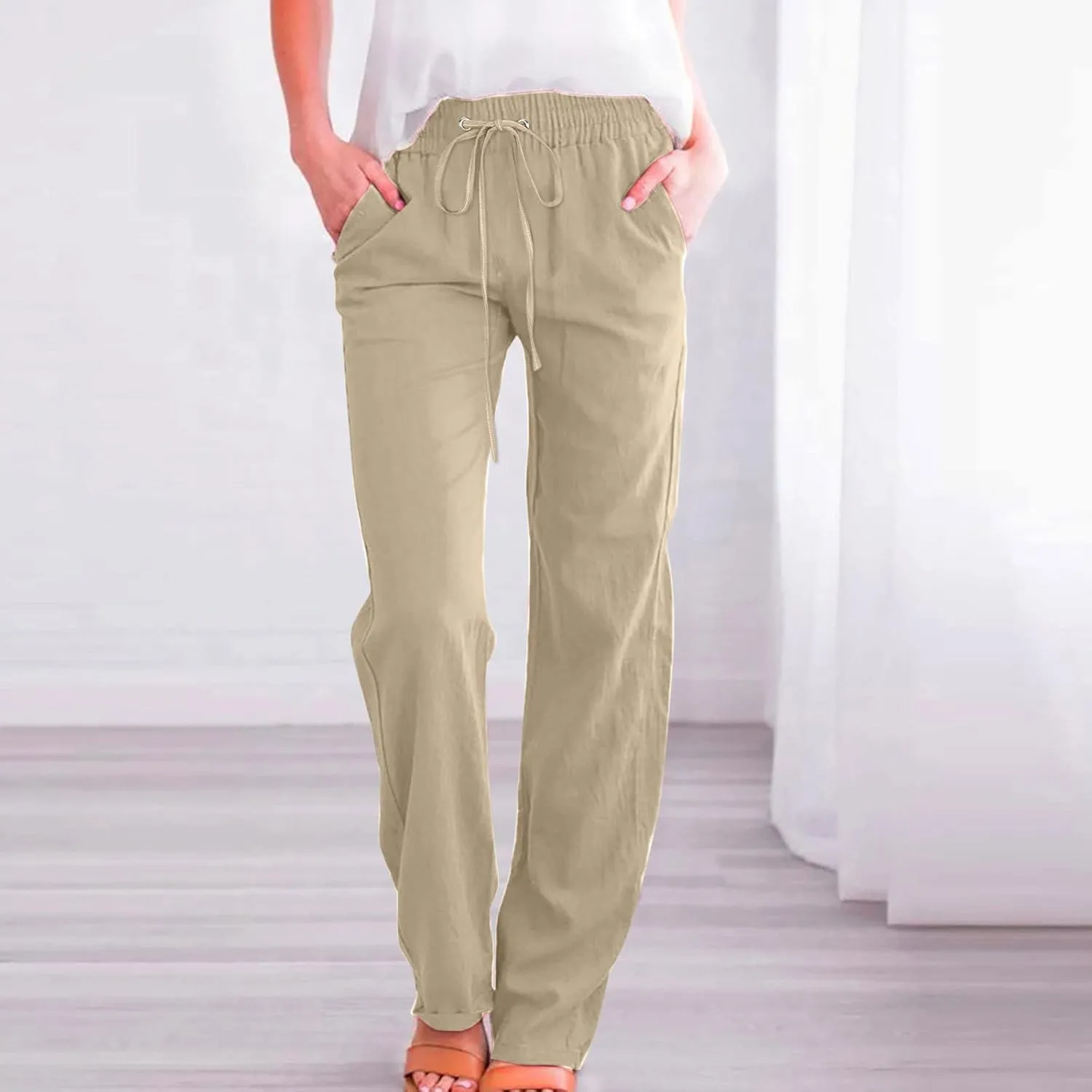 Women's Casual Pants Plus Size Cotton Linen Lounge Pants Loose Fit Straight Leg Work Trousers with Pockets 2025