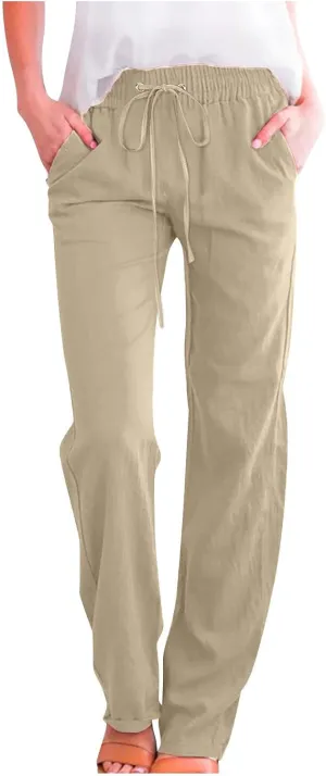 Women's Casual Pants Plus Size Cotton Linen Lounge Pants Loose Fit Straight Leg Work Trousers with Pockets 2025