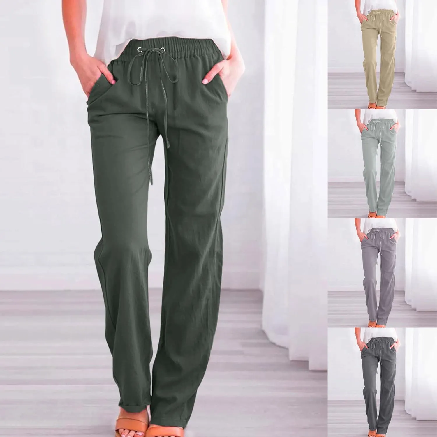Women's Casual Pants Plus Size Cotton Linen Lounge Pants Loose Fit Straight Leg Work Trousers with Pockets 2025