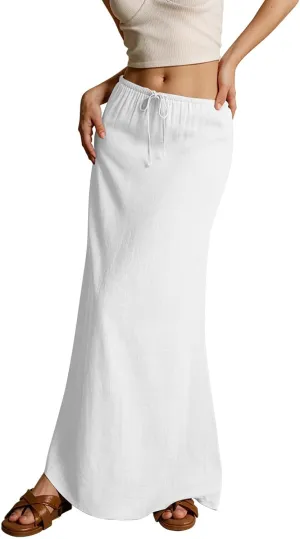 Womens Casual Skirts Drawstring Waist Boho Maxi Slim Low Rise Cotton Linen A Line Cute Plus Size Flowy Skirt