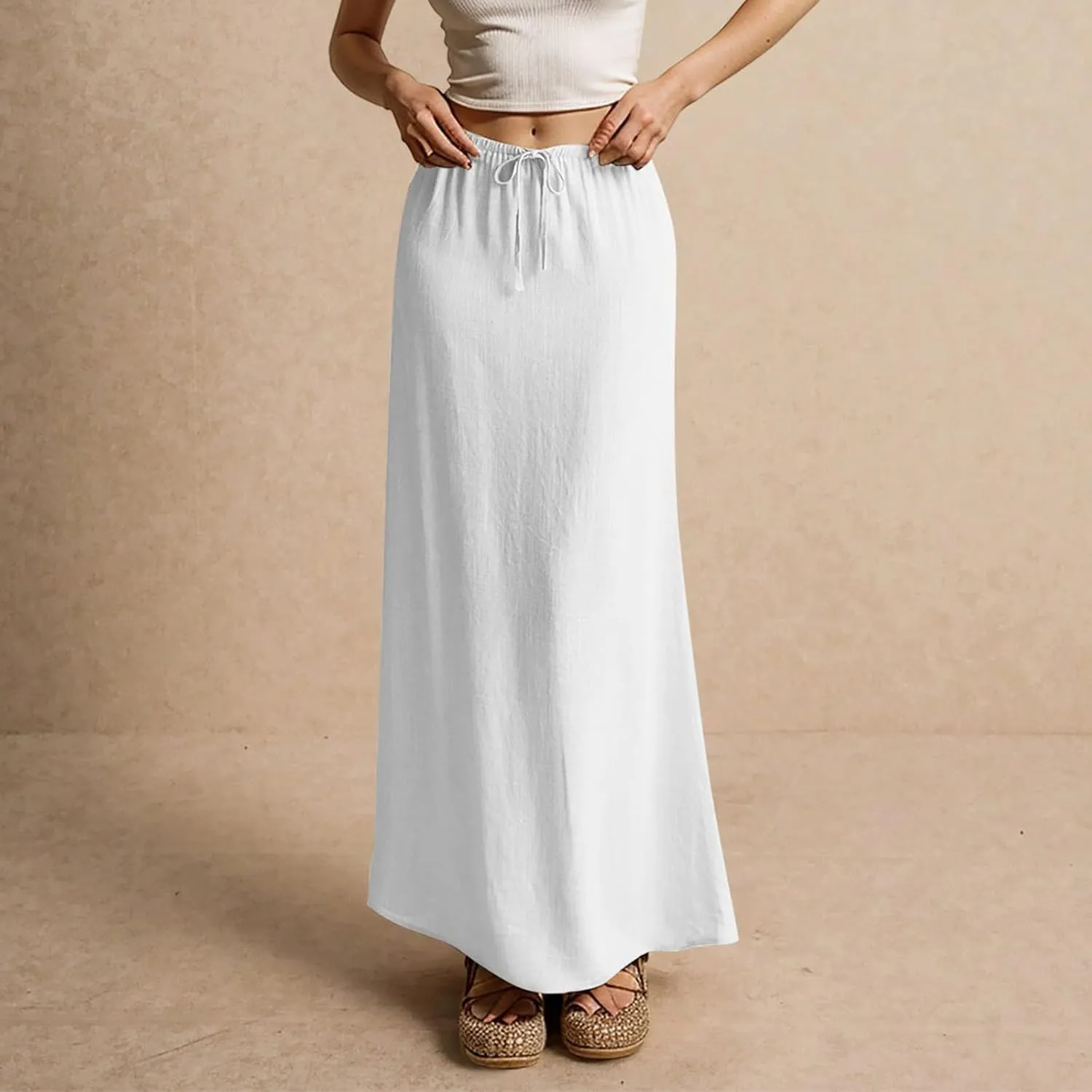 Womens Casual Skirts Drawstring Waist Boho Maxi Slim Low Rise Cotton Linen A Line Cute Plus Size Flowy Skirt