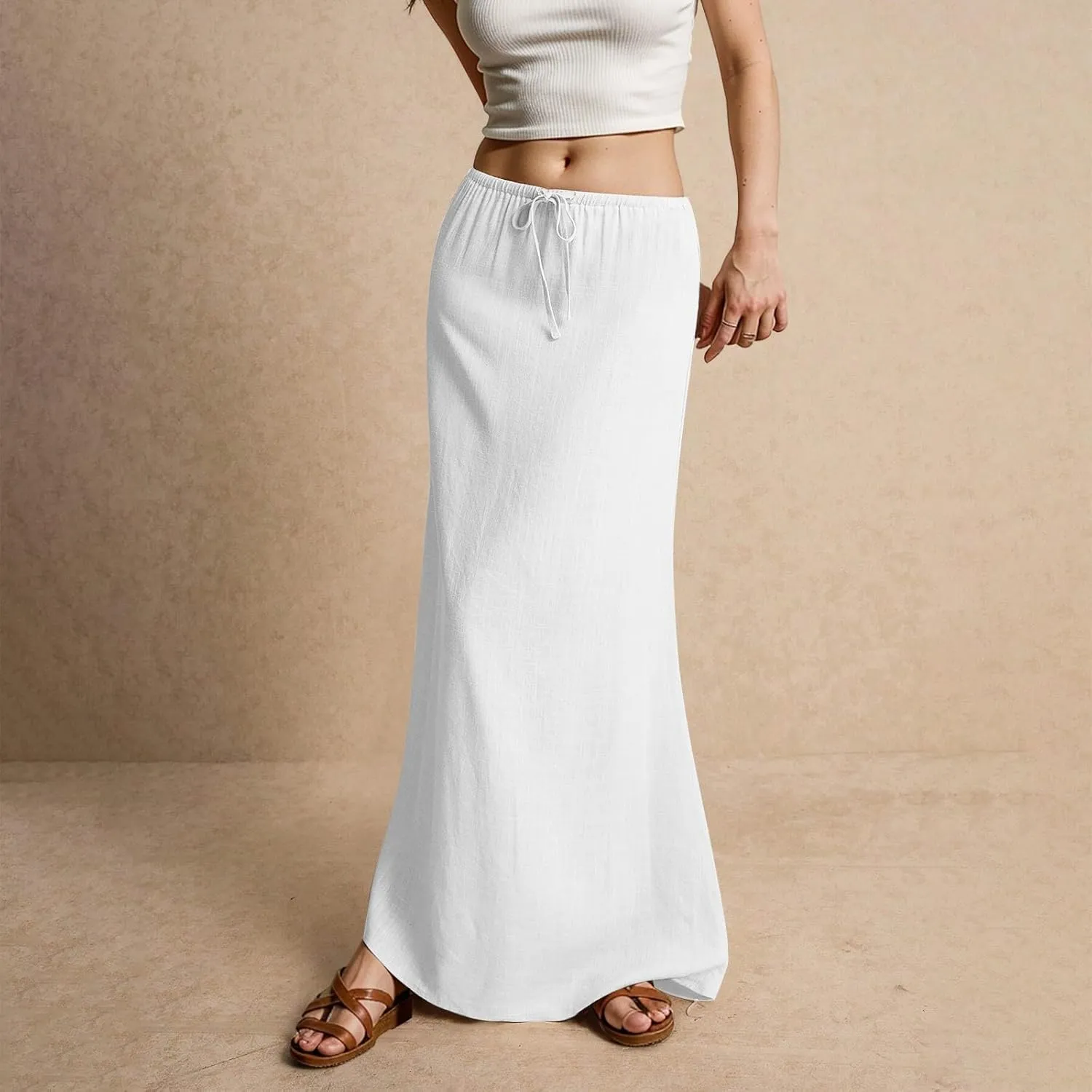 Womens Casual Skirts Drawstring Waist Boho Maxi Slim Low Rise Cotton Linen A Line Cute Plus Size Flowy Skirt