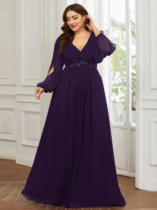 Women's Chiffon 6XL Fashion Designer Puff Sleeve Long Dresses (Plus Size)