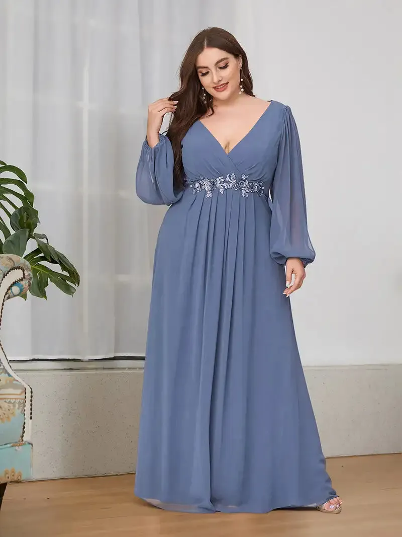 Women's Chiffon 6XL Fashion Designer Puff Sleeve Long Dresses (Plus Size)