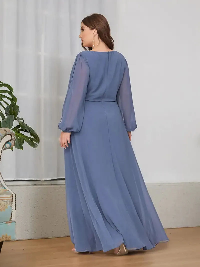 Women's Chiffon 6XL Fashion Designer Puff Sleeve Long Dresses (Plus Size)