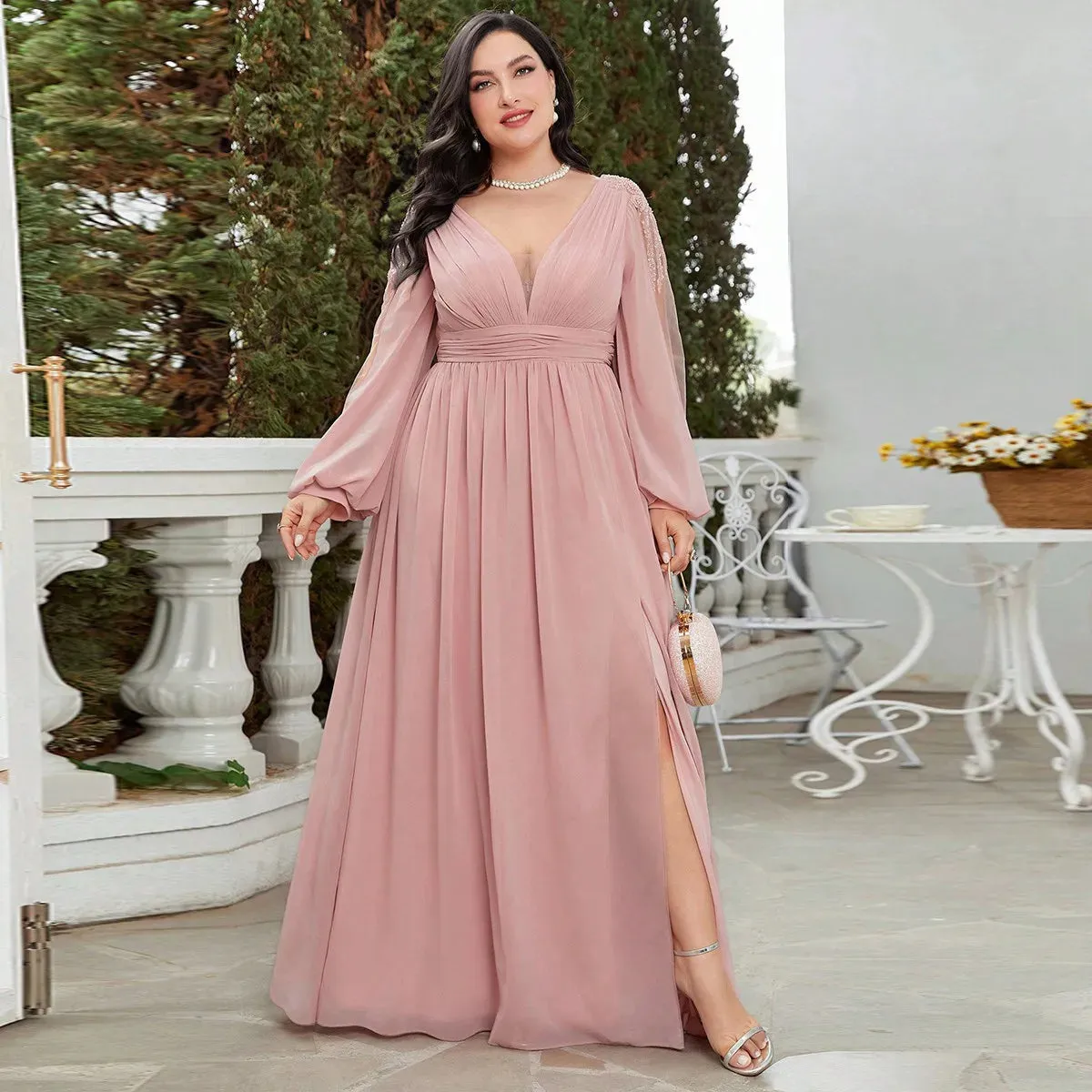 Women's Chiffon Lantern Sleeve Fashion Designer 5XL Long Dresses (Plus Size)