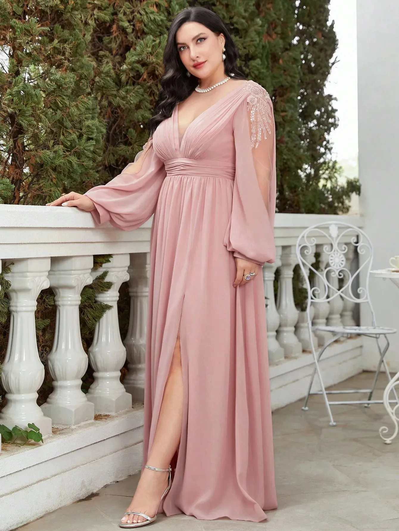 Women's Chiffon Lantern Sleeve Fashion Designer 5XL Long Dresses (Plus Size)