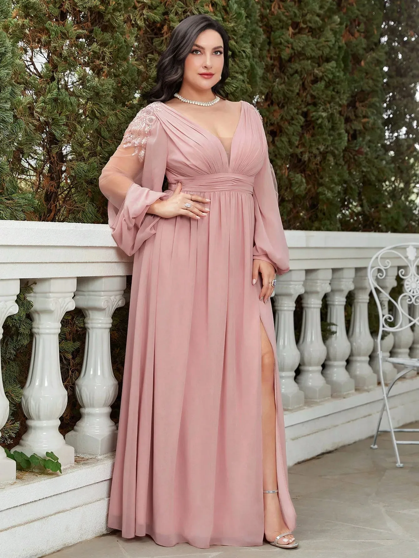 Women's Chiffon Lantern Sleeve Fashion Designer 5XL Long Dresses (Plus Size)