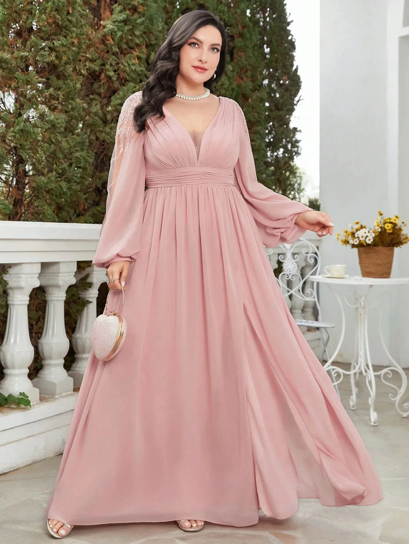 Women's Chiffon Lantern Sleeve Fashion Designer 5XL Long Dresses (Plus Size)