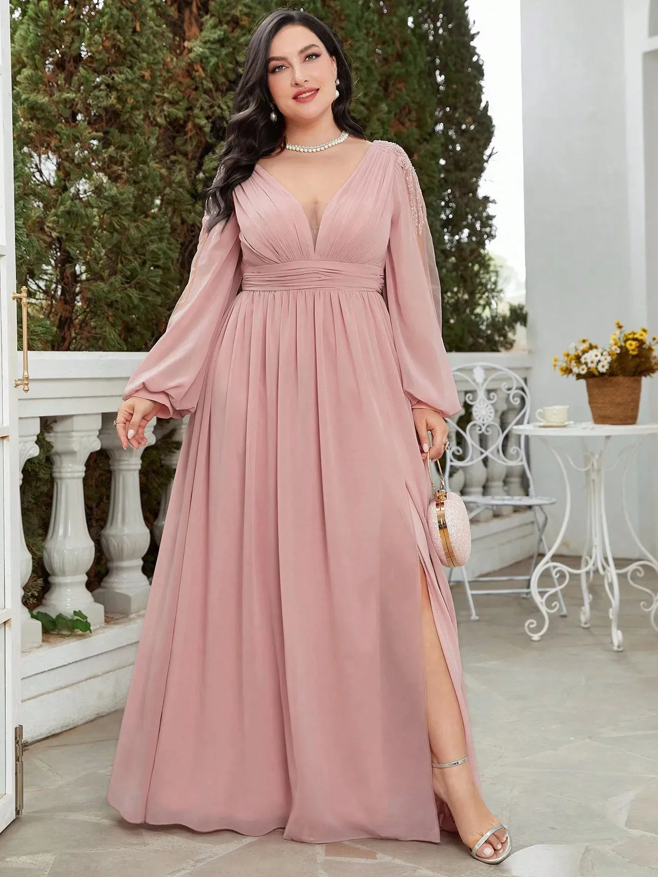 Women's Chiffon Lantern Sleeve Fashion Designer 5XL Long Dresses (Plus Size)
