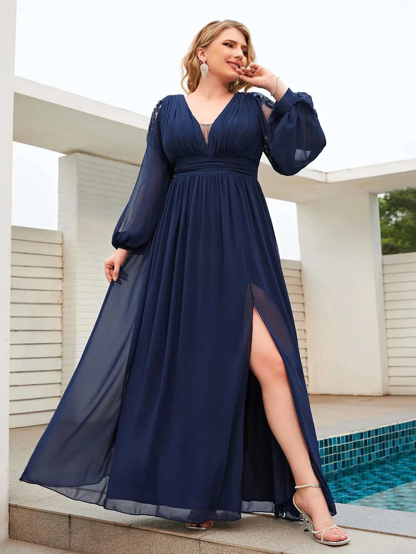 Women's Chiffon Lantern Sleeve Fashion Designer 5XL Long Dresses (Plus Size)