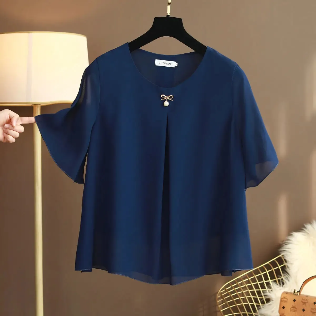 Women's Chiffon Round Neck L-6XL Tops Fashion Designer T-Shirts (Plus Size)