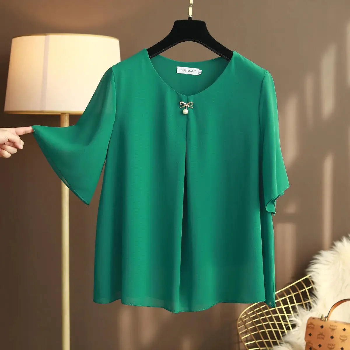 Women's Chiffon Round Neck L-6XL Tops Fashion Designer T-Shirts (Plus Size)