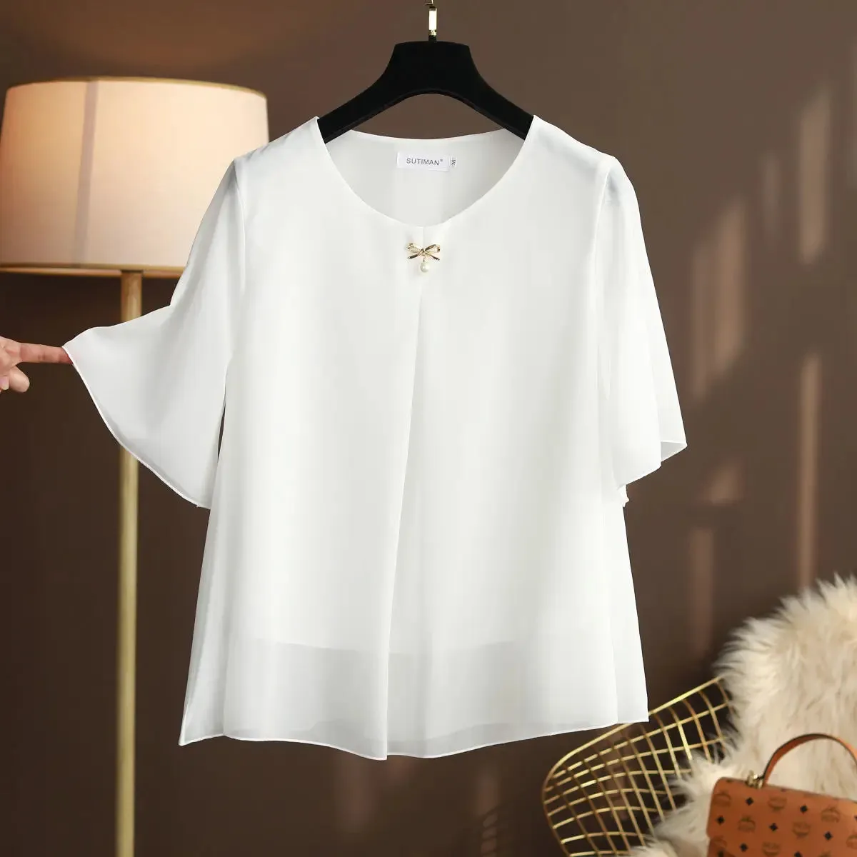 Women's Chiffon Round Neck L-6XL Tops Fashion Designer T-Shirts (Plus Size)